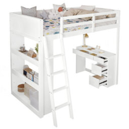 Btm White Wooden 3Ft Teenage Loft Bed 90X190Cm Space Saving With Ladder Desk Drawers Shelves Multi Functional Sleep Work Bed - thumbnail 9