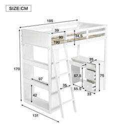 Btm White Wooden 3Ft Teenage Loft Bed 90X190Cm Space Saving With Ladder Desk Drawers Shelves Multi Functional Sleep Work Bed - thumbnail 4