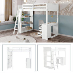 Btm White Wooden 3Ft Teenage Loft Bed 90X190Cm Space Saving With Ladder Desk Drawers Shelves Multi Functional Sleep Work Bed - thumbnail 8