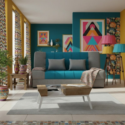 Sofa Bed With Sleeping Function And Storage Sonia Light Grey And Turquoise Fabric Click Clack Reversible Living Room - image 1