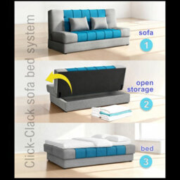 Sofa Bed With Sleeping Function And Storage Sonia Light Grey And Turquoise Fabric Click Clack Reversible Living Room - thumbnail 7