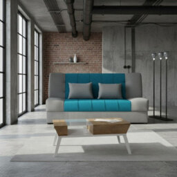 Sofa Bed With Sleeping Function And Storage Sonia Light Grey And Turquoise Fabric Click Clack Reversible Living Room - thumbnail 2