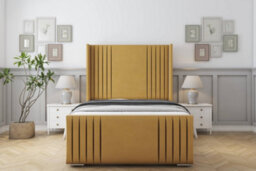 "Sloomy Camden Mustard Plush Bed Frame With Mattress With 50""  Upholstered Wingback Headboard 6' Super King" - thumbnail 1