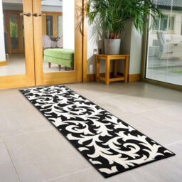 Bravich Hard Wearing Hessian Backed Stair Runner Kitchen Mat - Texas Black & White Filigree - 60X450Cm (2'x15')
