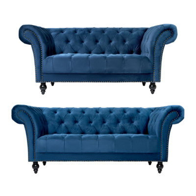 Bravich Cambridge Chesterfield 2 & 3 Seater Sofa Set - Velvet Blue - image 1