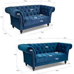 Bravich Cambridge Chesterfield 2 & 3 Seater Sofa Set - Velvet Blue - thumbnail 8