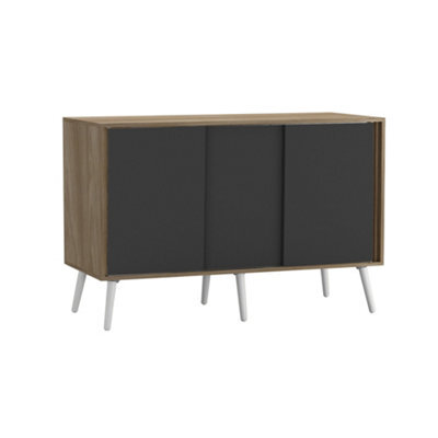 Urbn-Living Urbnliving 3-Door Sliding Cabinet Sideboard Oak Carcass With Black Doors Storage Organiser Home Cupboard White Wooden Legs - image 1