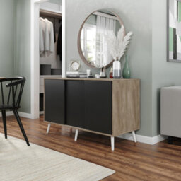 Urbn-Living Urbnliving 3-Door Sliding Cabinet Sideboard Oak Carcass With Black Doors Storage Organiser Home Cupboard White Wooden Legs - thumbnail 2