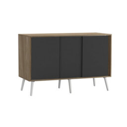 Urbn-Living Urbnliving 3-Door Sliding Cabinet Sideboard Oak Carcass With Black Doors Storage Organiser Home Cupboard White Wooden Legs - thumbnail 1