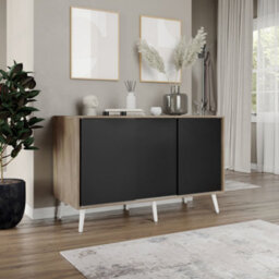 Urbn-Living Urbnliving 3-Door Sliding Cabinet Sideboard Oak Carcass With Black Doors Storage Organiser Home Cupboard White Wooden Legs - thumbnail 3