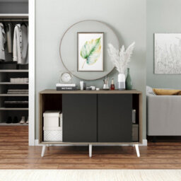 Urbn-Living Urbnliving 3-Door Sliding Cabinet Sideboard Oak Carcass With Black Doors Storage Organiser Home Cupboard White Wooden Legs - thumbnail 4