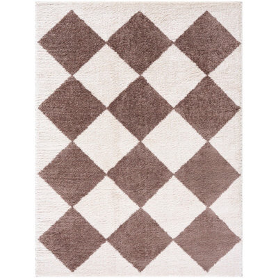 Livabliss Fossay Shaggy-Washable Beige Brown High Pile Diamond Living Bedroom Rug 120 X 170 Cm Easy Care, Non Shedding - image 1