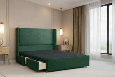 "Nexus Portofino Emerald Plush Divan Bed Base 2 Drawers Foot-End With 54"" Floor Standing Winged Headboard 4'6 Double" - image 1