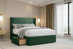 "Nexus Portofino Emerald Plush Divan Bed Base 2 Drawers Foot-End With 54"" Floor Standing Winged Headboard 4'6 Double" - thumbnail 3