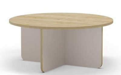Decortie Hillary Modern Round 80Cm Coffee Table X-Base Curved Slab Legs Oak, Sandstone Living Room Office - image 1