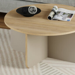 Decortie Hillary Modern Round 80Cm Coffee Table X-Base Curved Slab Legs Oak, Sandstone Living Room Office - thumbnail 4