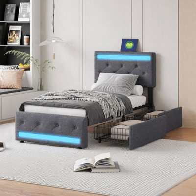 Single Bed Frame 90 X 190 With Storage Drawers, Led Bed Frame With Usb, Adjustable Headboard, Upholstered Bed, Gray, Linen - image 1