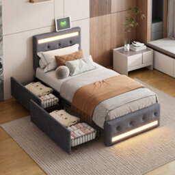 Single Bed Frame 90 X 190 With Storage Drawers, Led Bed Frame With Usb, Adjustable Headboard, Upholstered Bed, Gray,  Linen - thumbnail 3