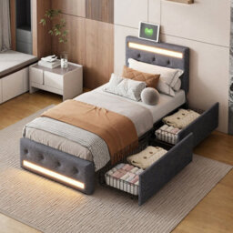 Single Bed Frame 90 X 190 With Storage Drawers, Led Bed Frame With Usb, Adjustable Headboard, Upholstered Bed, Gray,  Linen - thumbnail 4