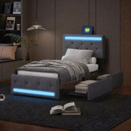 Single Bed Frame 90 X 190 With Storage Drawers, Led Bed Frame With Usb, Adjustable Headboard, Upholstered Bed, Gray,  Linen - thumbnail 2