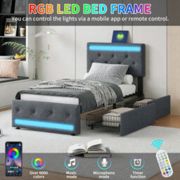 Single Bed Frame 90 X 190 With Storage Drawers, Led Bed Frame With Usb, Adjustable Headboard, Upholstered Bed, Gray,  Linen - thumbnail 7