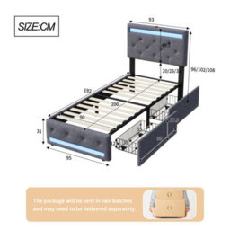 Single Bed Frame 90 X 190 With Storage Drawers, Led Bed Frame With Usb, Adjustable Headboard, Upholstered Bed, Gray,  Linen - thumbnail 8