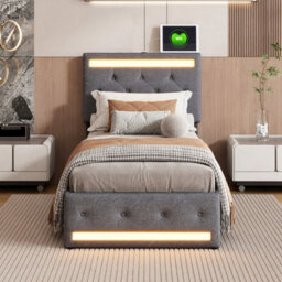 Single Bed Frame 90 X 190 With Storage Drawers, Led Bed Frame With Usb, Adjustable Headboard, Upholstered Bed, Gray,  Linen - thumbnail 5