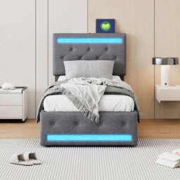 Single Bed Frame 90 X 190 With Storage Drawers, Led Bed Frame With Usb, Adjustable Headboard, Upholstered Bed, Gray,  Linen - thumbnail 6