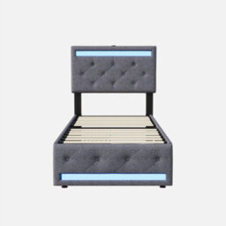 Single Bed Frame 90 X 190 With Storage Drawers, Led Bed Frame With Usb, Adjustable Headboard, Upholstered Bed, Gray,  Linen - thumbnail 9