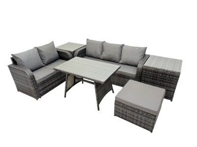 Fimous Garden Rattan Outdoor Furniture Set 6 Seater With Love Sofa 3 Seater Sofa 2 Side Table Big Stool Dark Grey - image 1