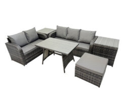 Fimous Garden Rattan Outdoor Furniture Set 6 Seater With Love Sofa 3 Seater Sofa 2 Side Table Big Stool Dark Grey - thumbnail 1