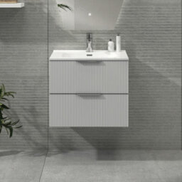 Royal Bathrooms Evora 600mm Matt White Fluted Wall Hung Bathroom Vanity Unit 2 Drawer Cabinet Storage With Ceramic Basin Sink - 1 Tap Hole
