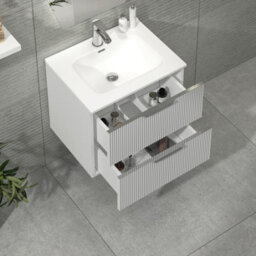Royal Bathrooms Evora 600mm Matt White Fluted Wall Hung Bathroom Vanity Unit 2 Drawer Cabinet Storage With Ceramic Basin Sink - 1 Tap Hole - thumbnail 5