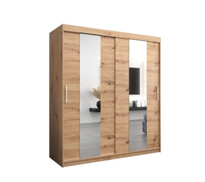 Arte Elegant Oak Artisan Pole Sliding Door Wardrobe W1800mm H2000mm D620mm Mirrored Classic Storage Solution - image 1
