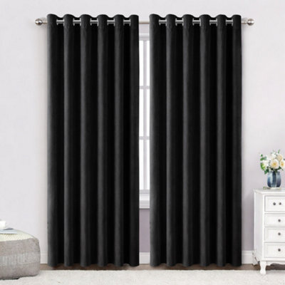 Bedlooms Black Crushed Velvet Curtains Blackout Thermal Insulated Eyelet Curtain (Pair) 66 X 72 Inches With Tie Back Two - image 1