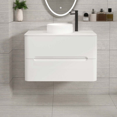 Royal Bathrooms Venice 800mm Gloss White Wall Mounted Bathroom Countertop Vanity Unit 2 Drawer With Round Basin - image 1