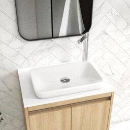 Royal Bathrooms Orion 600mm Natural Oak Wall Hung Plain White Countertop Vanity Unit 2 Drawer With Qubix Basin & Chrome Accent Trim - thumbnail 5