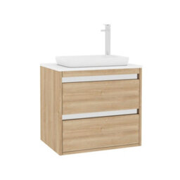 Royal Bathrooms Orion 600mm Natural Oak Wall Hung Plain White Countertop Vanity Unit 2 Drawer With Qubix Basin & Chrome Accent Trim - thumbnail 6