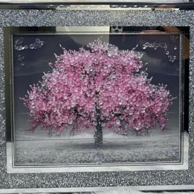 Biznest Crushed Crystal Silver Blossom Tree Modern 3D Glitter Liquid Art Wall Art 55X45Cm
