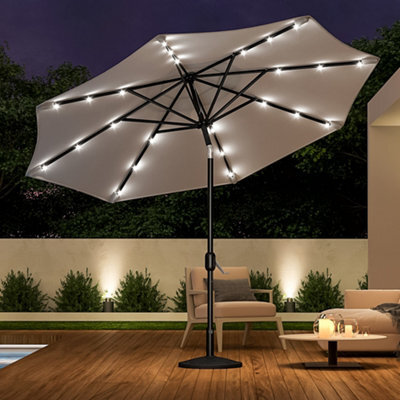 Living And Home 3M Large Garden Led Parasol Outdoor Beach Umbrella With Light Sun Shade Crank Tilt With Round Base, Light Grey - image 1