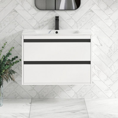 Royal Bathrooms Orion 800mm Matt White 2 Drawer Wall Hung Bathroom Vanity Unit With Carrara White Basin & Black Accent Trim - image 1