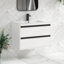 Royal Bathrooms Orion 800mm Matt White 2 Drawer Wall Hung Bathroom Vanity Unit With Carrara White Basin & Black Accent Trim - thumbnail 6