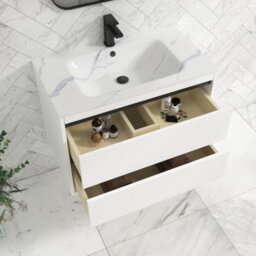Royal Bathrooms Orion 800mm Matt White 2 Drawer Wall Hung Bathroom Vanity Unit With Carrara White Basin & Black Accent Trim - thumbnail 4