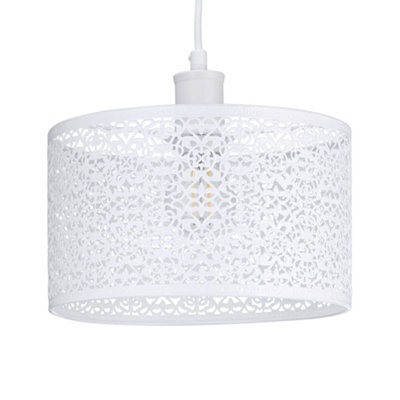 Happy Homewares Ornate Moroccan Style Decorated White Gloss Metal Pendant Lamp Shade 25Cm X 15Cm - image 1