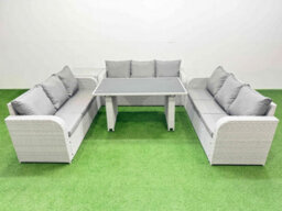 Fimous Patio Garden Furniture Sets With Black Glass Top Dining Table 3 Seater Sofa Side Table Light Grey - thumbnail 1