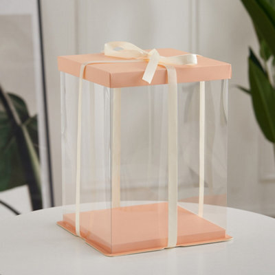Living And Home 12 Inch Pink Clear Plastic Cake Gift Box With Ribbon 34Cm (W) X 34Cm (D) X 37Cm (H) - image 1