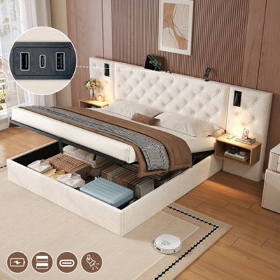 Btm 5Ft King Upholstered Bed Frame With Hydraulic Storage Velvet Tufted Headboard Charging Station Reading Light Beige No Mattress - image 1