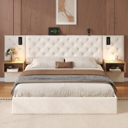 Btm 5Ft King Upholstered Bed Frame With Hydraulic Storage Velvet Tufted Headboard Charging Station Reading Light Beige No Mattress - thumbnail 5