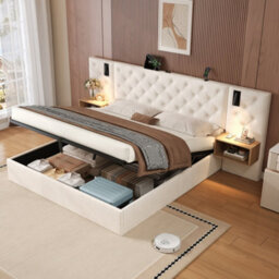 Btm 5Ft King Upholstered Bed Frame With Hydraulic Storage Velvet Tufted Headboard Charging Station Reading Light Beige No Mattress - thumbnail 3