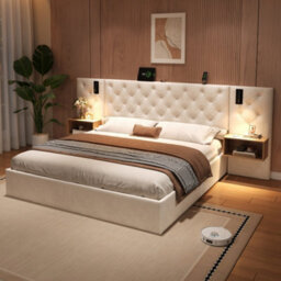 Btm 5Ft King Upholstered Bed Frame With Hydraulic Storage Velvet Tufted Headboard Charging Station Reading Light Beige No Mattress - thumbnail 2